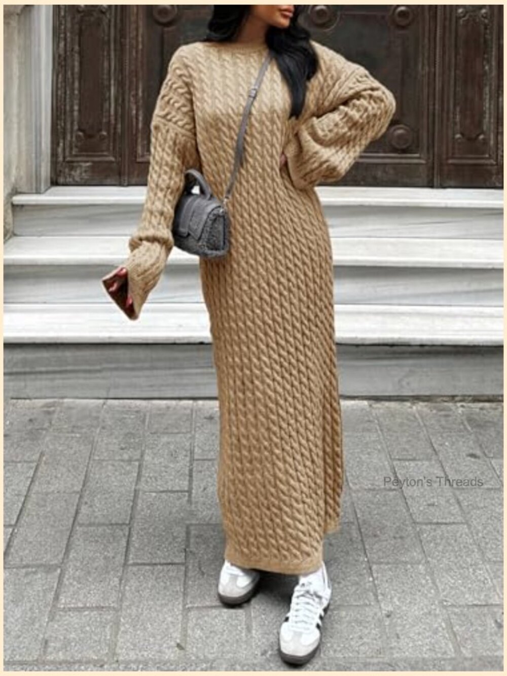 Oversized Cable Knit Sweater Dress Crew Neck Long Sleeve Midi Pullover - Picture 2 of 7